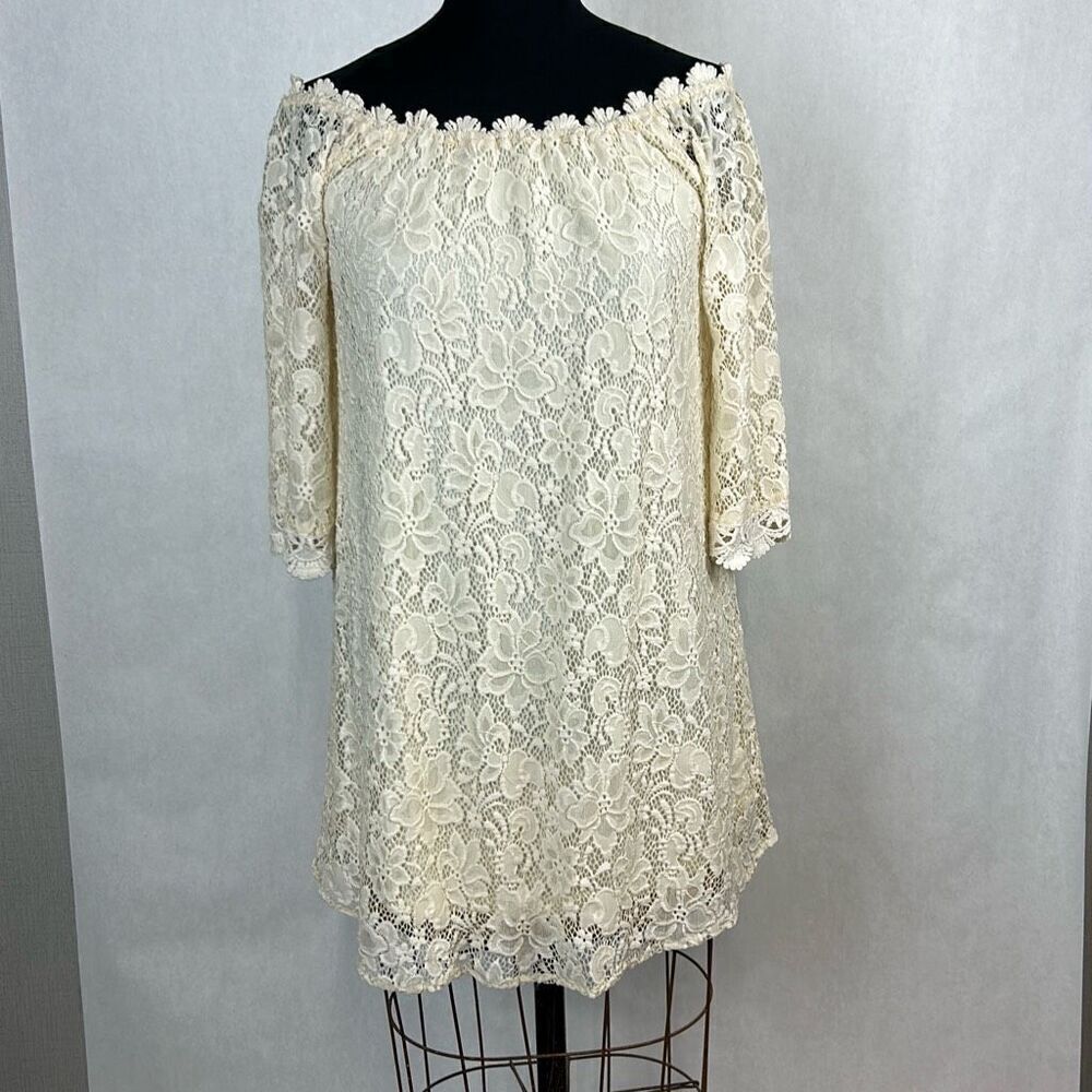 Umgee Womens Lace Off Shoulder Natural Cream Ivory Mini Dress Sz Medium Lined